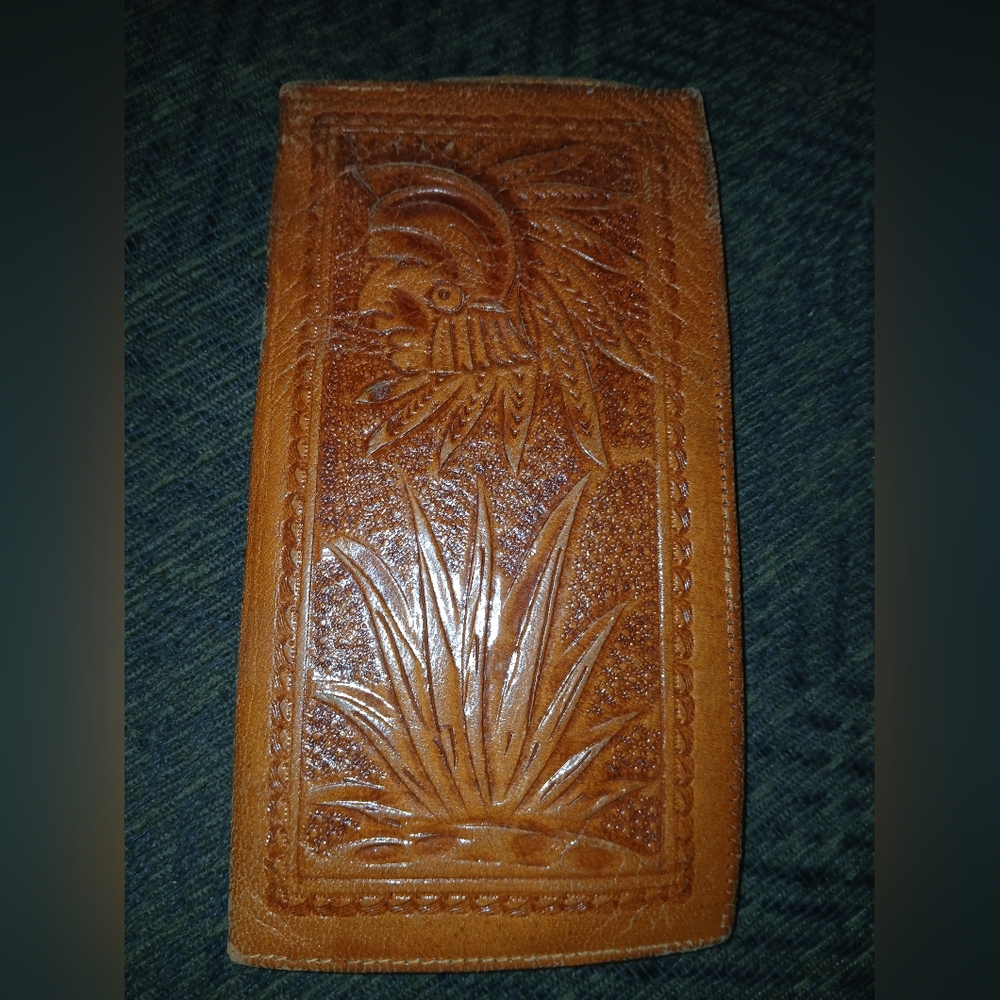 VTG Etched Hand Tooled Genuine Brown Leather Aztec Bifold Wallet Mexico